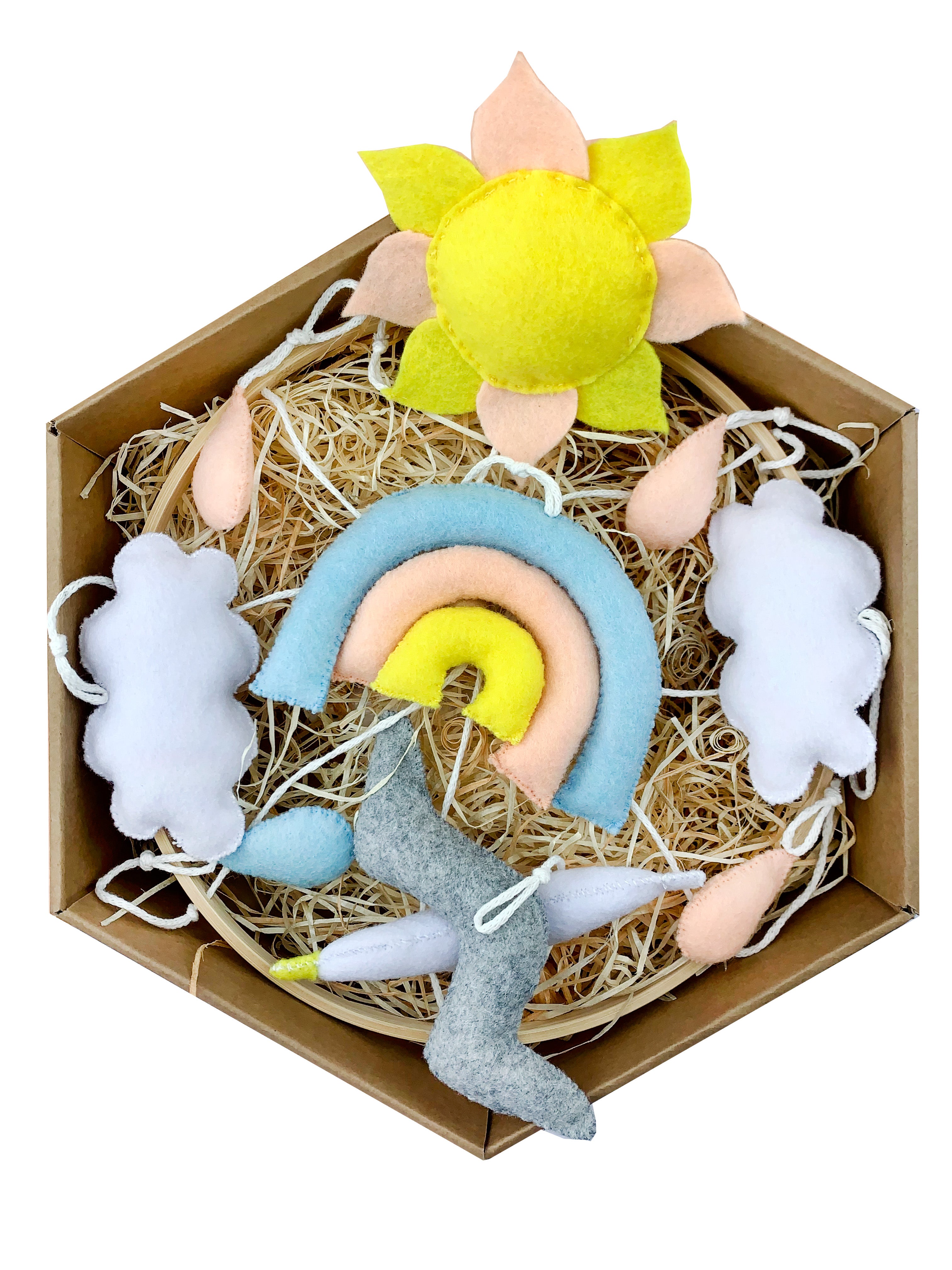 Dárkově zabalené filcové dekorace k dětskému kolotoči s mořským motivem: velryba, mořský koník, žluté hvězdice, světle modré kapky, korál a měkký modro-šedý míček. Vše je uložené v krabičce na podložce z dřevité vlny.